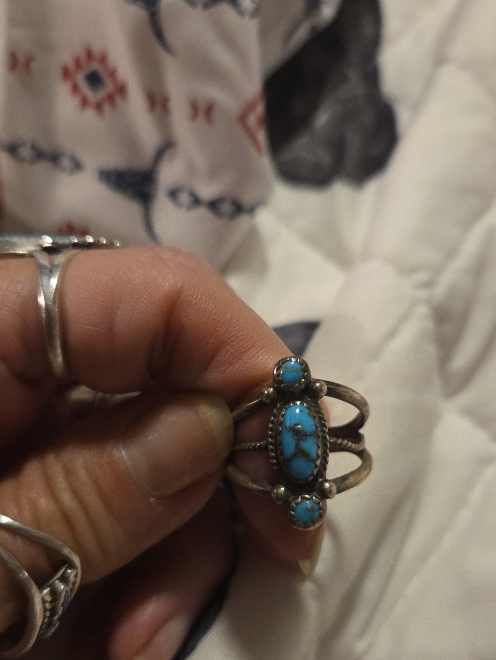 Sterling Style Turquoise Triple Stone Ring - Blue